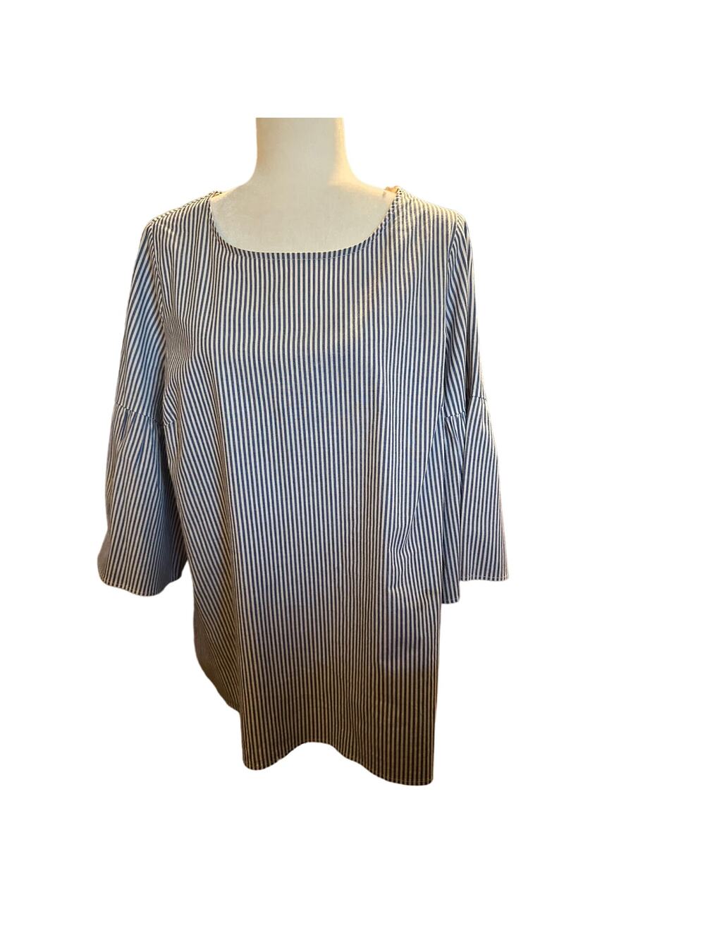 Como Black Blue & White Striped Bell Sleeve Blouse, Plus Size 1X